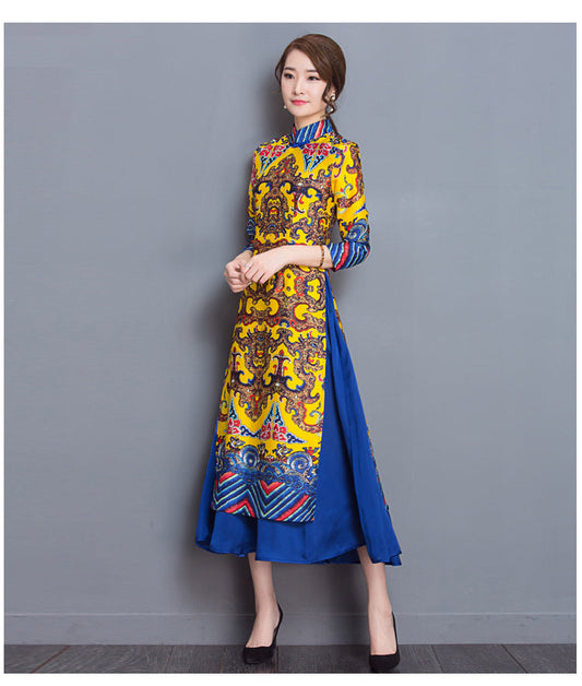 Traditional Vietnam Ao Dai Chinese Style Retro Print Dresses Qipao Long Cheongsam Dress Robe Chinoise Modern Cheongsam Aodai