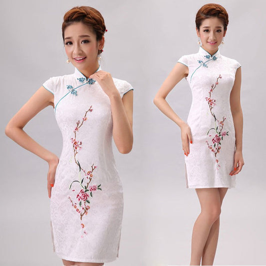 Women Chinese Traditional Clothes Dress Cheongsam Qi Pao Silk Embroidery Orchid Peony Flower Printing Mini Short Cheongsams