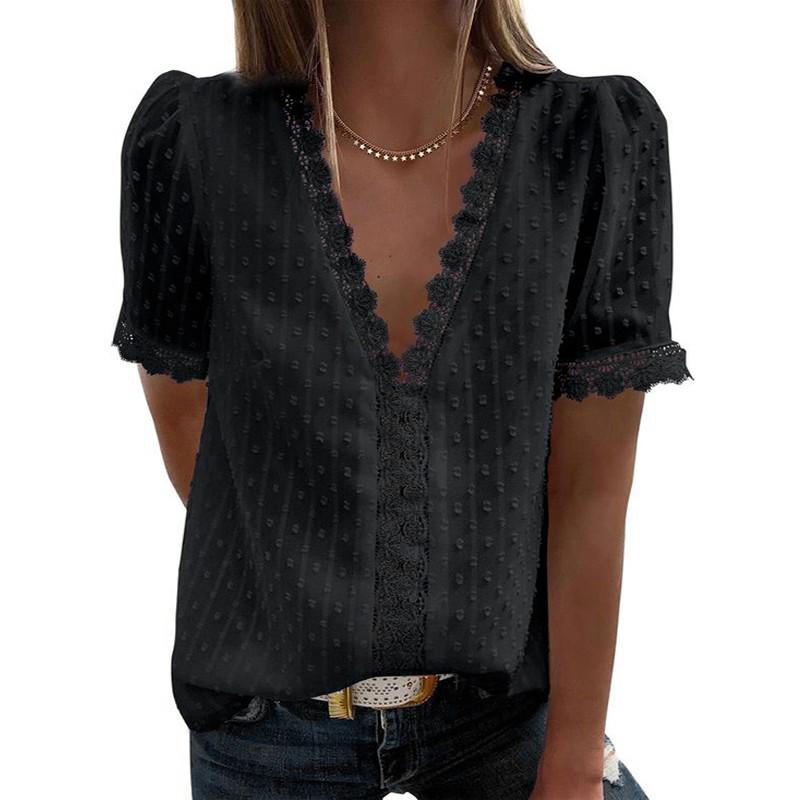 Summer Short Sleeve Womens Tops and Blouses Fashion v Neck Elegant Casual Chic Shirts Ladies Solid Lace Chiffon Blouse