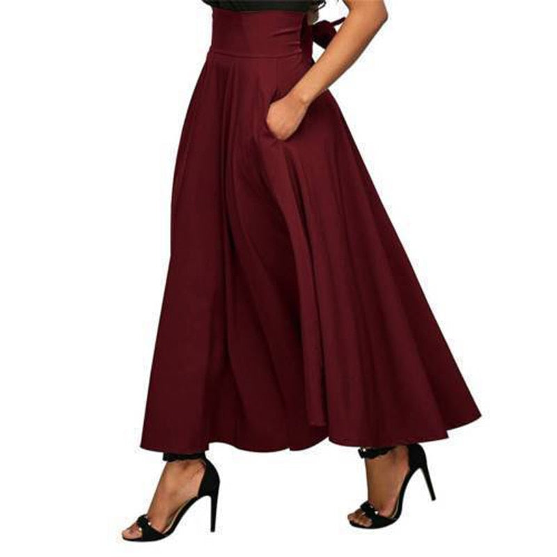 2018 Summer Fashion Skirt With Pocket High Quality Solid Ankle-Length Vintage Skirt for Women Black Long Skirt