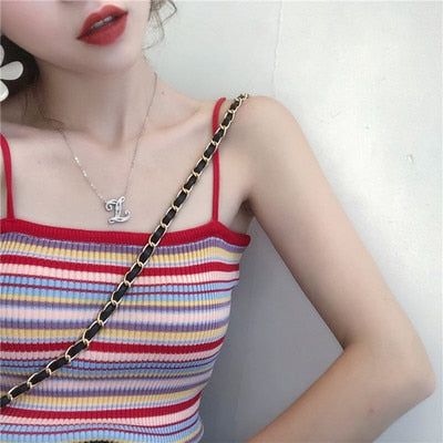 Women Short Tops Summer Rainbow Striped Knitted Basic Shirt Vest Ins Street Sleeveless Suspender Outwear Vintage Travel Tank