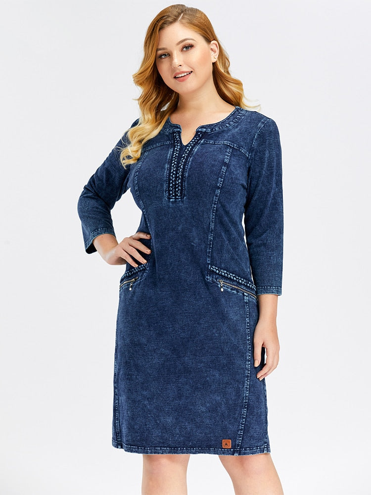 LIH HUA Women's Plus Size Denim Dress Elasticity Knitted Denim Dresses Slim Fit Casual Dress Shoulder Pads Midi Dress