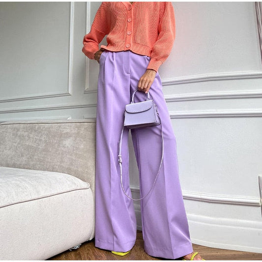 2022 Spring Women's Green High Waist Wide Leg Pants Ladies Suit Pants Loose Casual Long Trousers