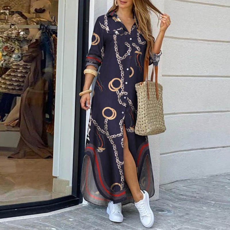 Women Fashionable Shirt-Style Button Dress Ladies Casual Long Street Dress Large Size Loose Home Commuter Print Dress