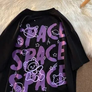 QWEEK Harajuku Kawaii Tshirts Oversized Cartoon Bear Space Short Sleeve Couple Tees Shirts Streetwear Casual Cotton Tops 2021