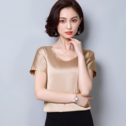 Womens Tops and Blouses 2022 Women Shirts Casual Silk O-Neck Sling Top Satin Short Sleeve Stretch Solid Blouse 2126 50