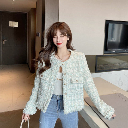 Hstar Elegant Slim Short Autumn Caot Women Korean Style Lace Pathchwork Tweed Jackets Court Style Knitted Cardigan Outwear