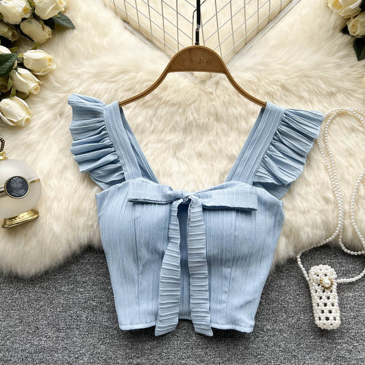 SINGREINY French Fashion Ruffled Women Camisole Summer 2022 Vacation Elegant Rushed Bow Elastic Ladies Temperament Chic Tank Top