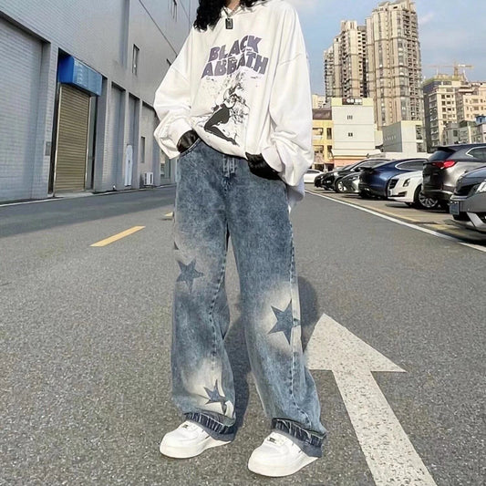 Oversized Washed Star Pattern baggy jeans High Street Loose Straight Y2K Jeans