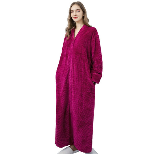 Women Men Flannel Bath Robe Long Zipper Couple Pajamas Nightgown Winter