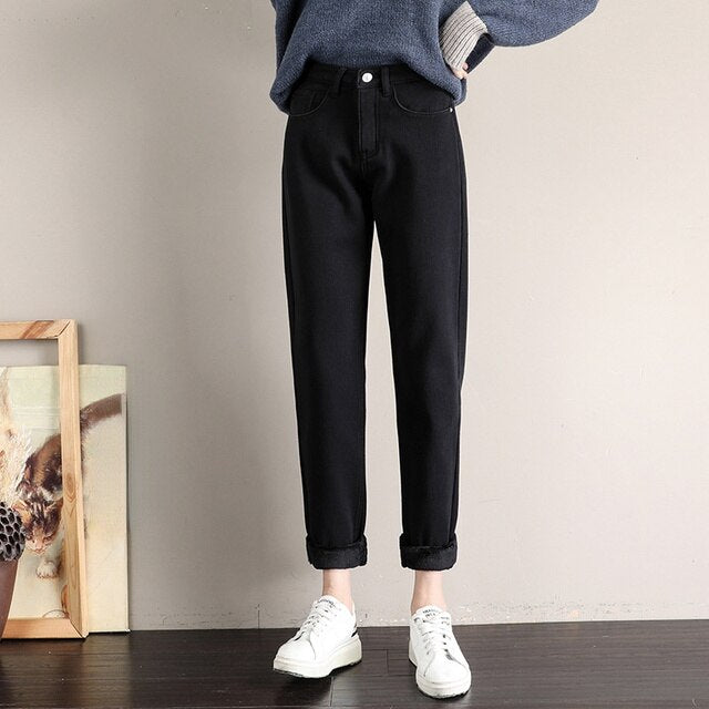 Fleece Jeans Women Baggy Harem Pants Winter New High Waist Straight