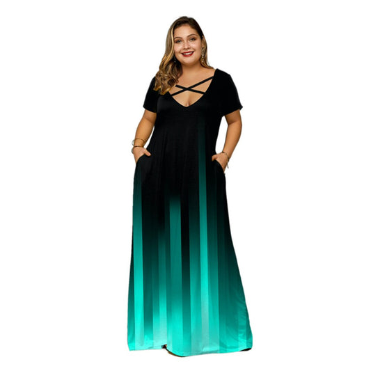 Plus Size Gradient Print Side Pocket Maxi Dress Summer Women Casual Long