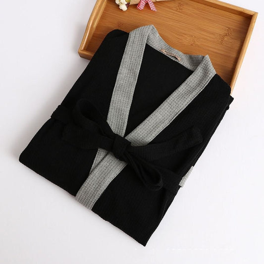 Cotton Waffle Men Kimono Bathrobe Gown Sleepwear Couple Black Robe