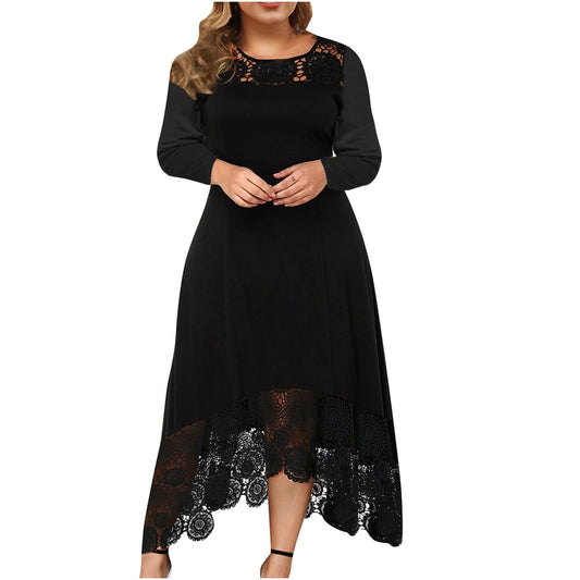 5XL Women Plus Size Casual Solid Lace Round Neck Dress Long Sleeve Irregular