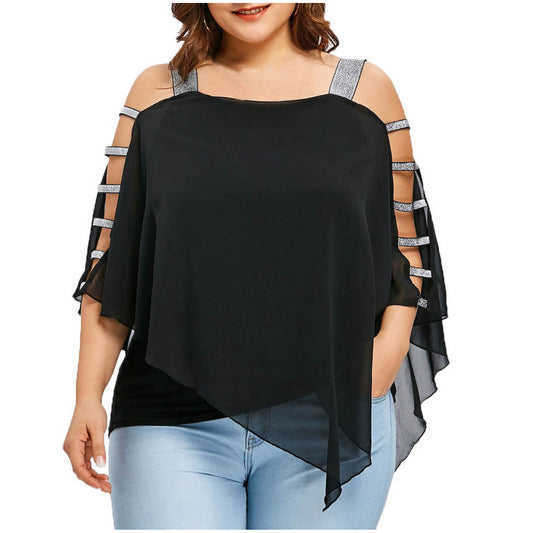 Gorgeous Fashion Plus Size Tops Women Ladder Sling Cut Overlay Patchwork Hollow