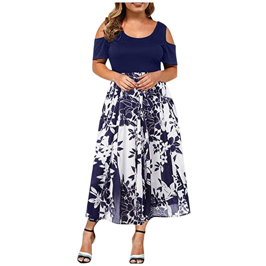 Leaf Print Plus Size Dresses For Women Casual O-Neck Strapless Short Sleeve