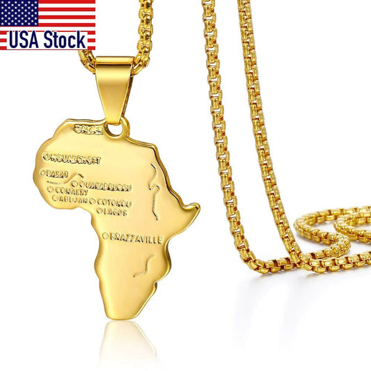 Punk Africa Map Pendant Necklace for Men Women Stainless Steel Gold Color