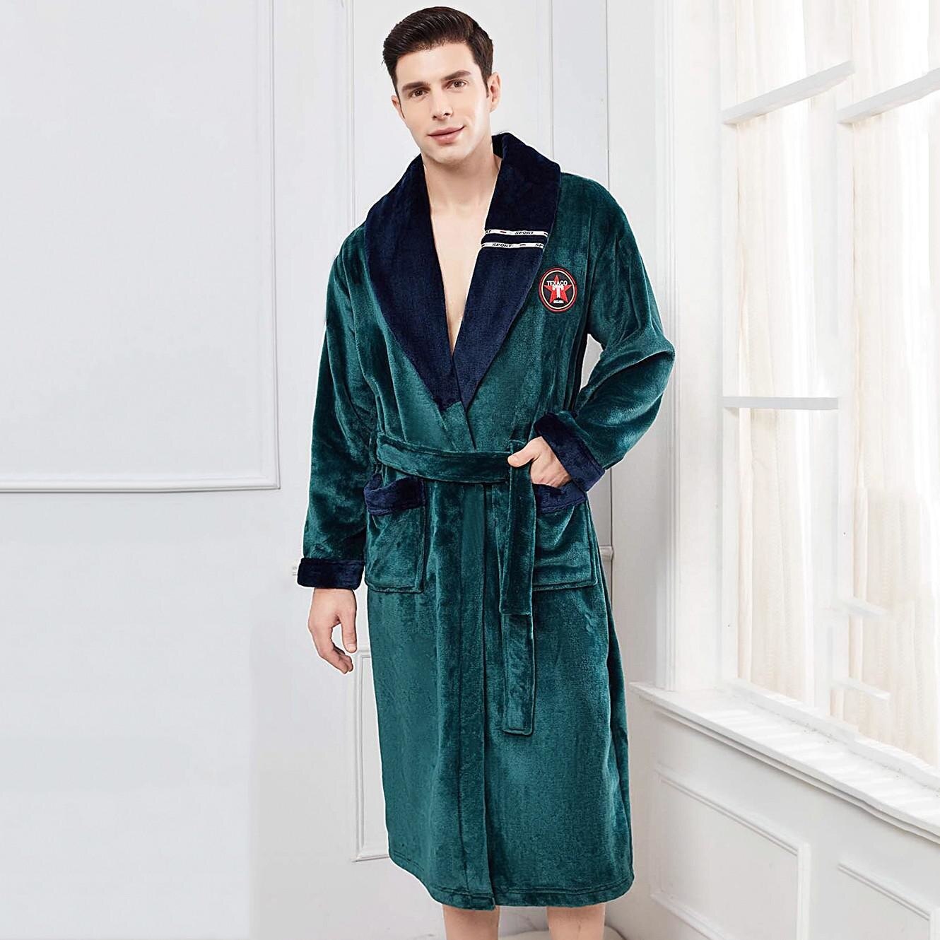 Plus Size 3XL 4XL Men Flannel Robe Sleepwear Thick Warm Long Bathrobe Nightgown