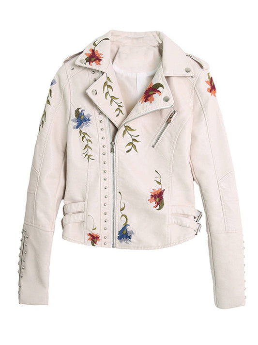 Ftlzz Women Floral Print Embroidery Faux Soft Leather Jacket Coat Turn-down