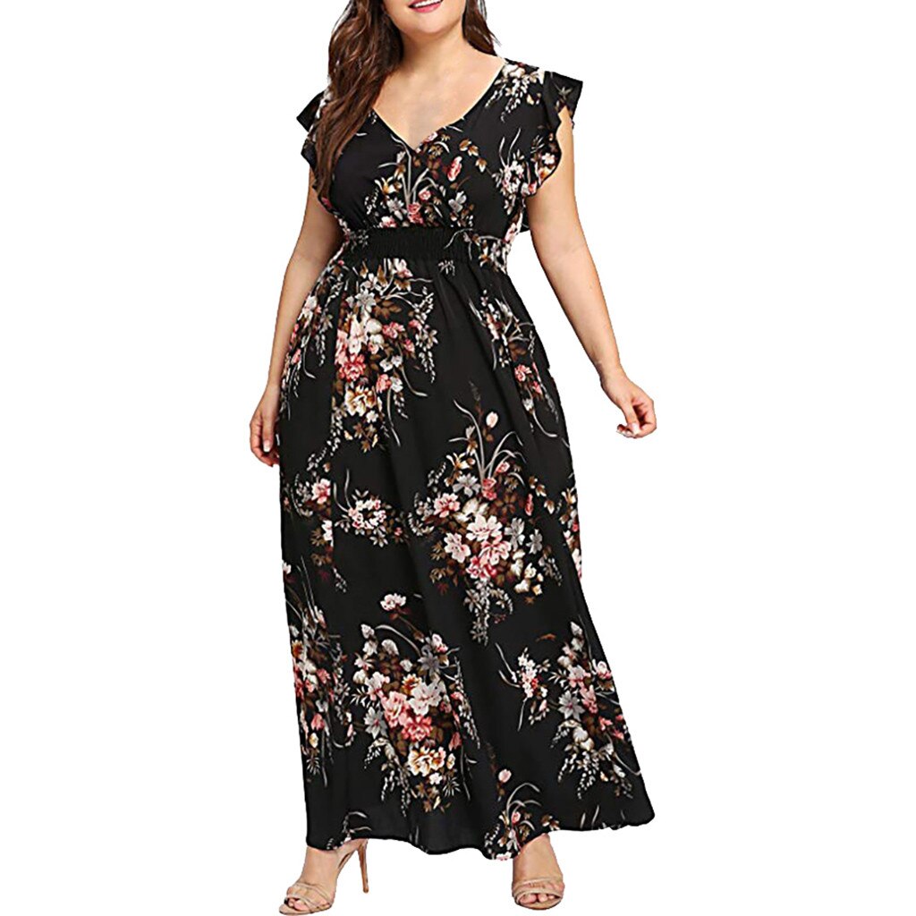 Plus Size Women Boho Maxi Dress Plus Size Summer V Neck Floral Print Sleeveless