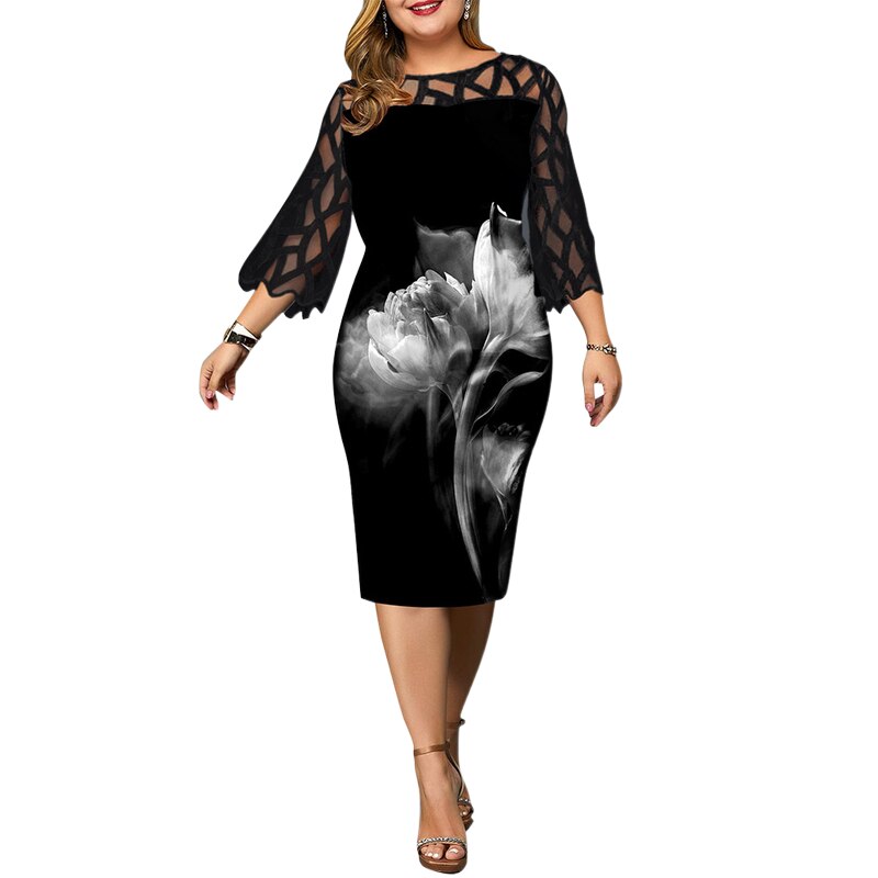 Plus Size Dress Women Evening Party 2022 Midi Elegant Mesh Lace Floral Print