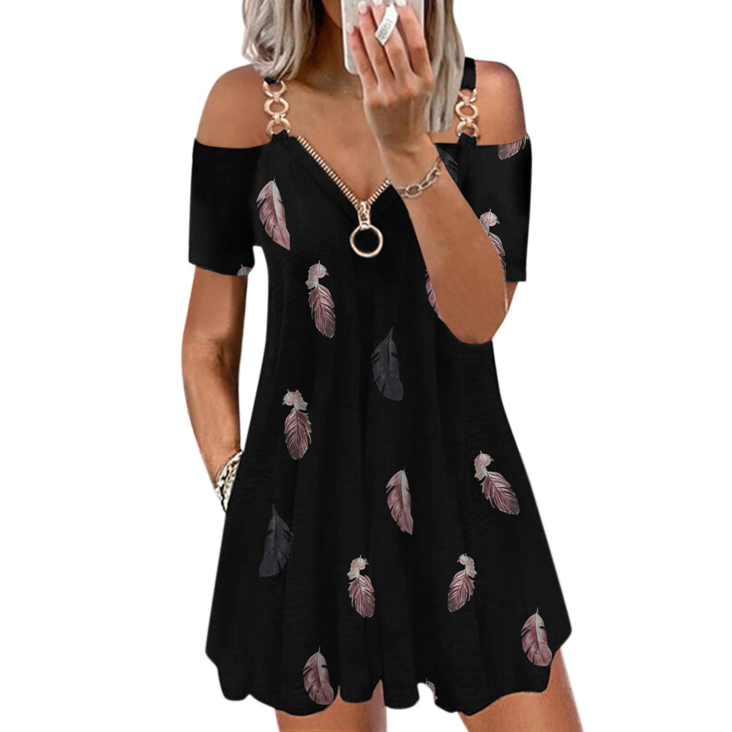 Feather Printed Short Sleeve Women Dress V-Neck Strap Open Back Zipper Dress