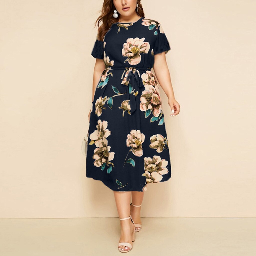 Women Plus Size Dresses Bohe Floral Print Short Sleeve Dress O-Neck Dresses