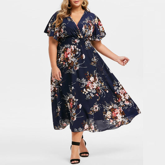 Summer Plus Size Bohemian Long Dress Women Casual Floral Printed V-neck