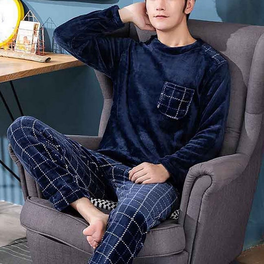 2 piece Set Men Flannel Pajamas Winter Warm Thick Fleece Sleepwear Long