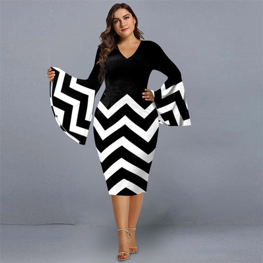 Geometric Patchwork O Neck Flared Sleeve Spring Plus Size Dresses For Chubby