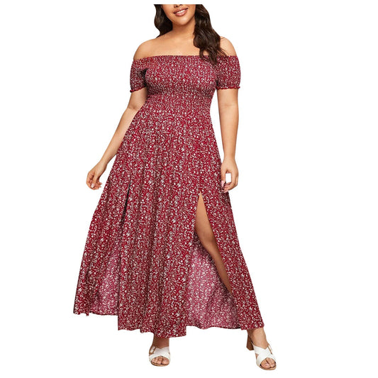 Plus Size Off Shoulder Dress Women Shirred Bodice Split Thigh Ditsy Floral Dres