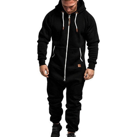 Hoodies Overalls Men Solid Color Zipper Jumpsuit Long Sleeve Male Clothes