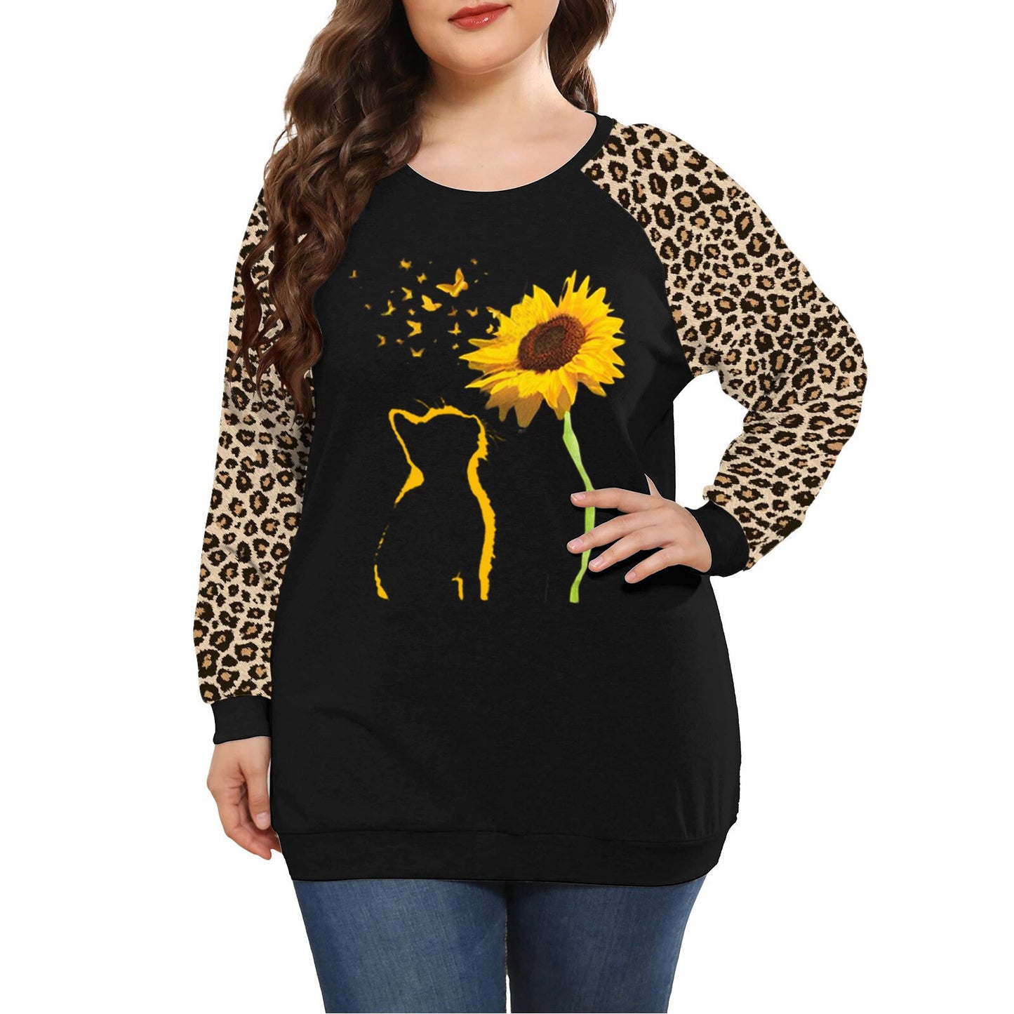 Women Plus Size Tops Casual Flower Printed Long Sleeve Oversized T-shirt Long