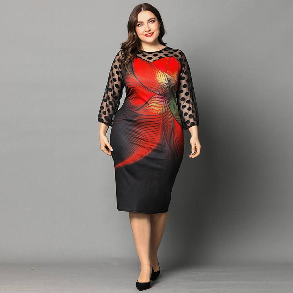 Plus Size Dresses Dot Mesh Fairy Dress Women Lace Sleeve Patchwork Summer