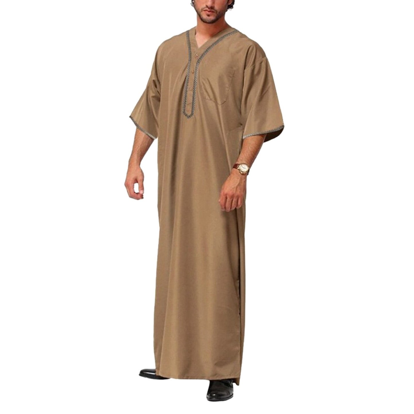 Muslim Men Jubba Thobe Solid Color Button Kimono Middle Robe Saudi