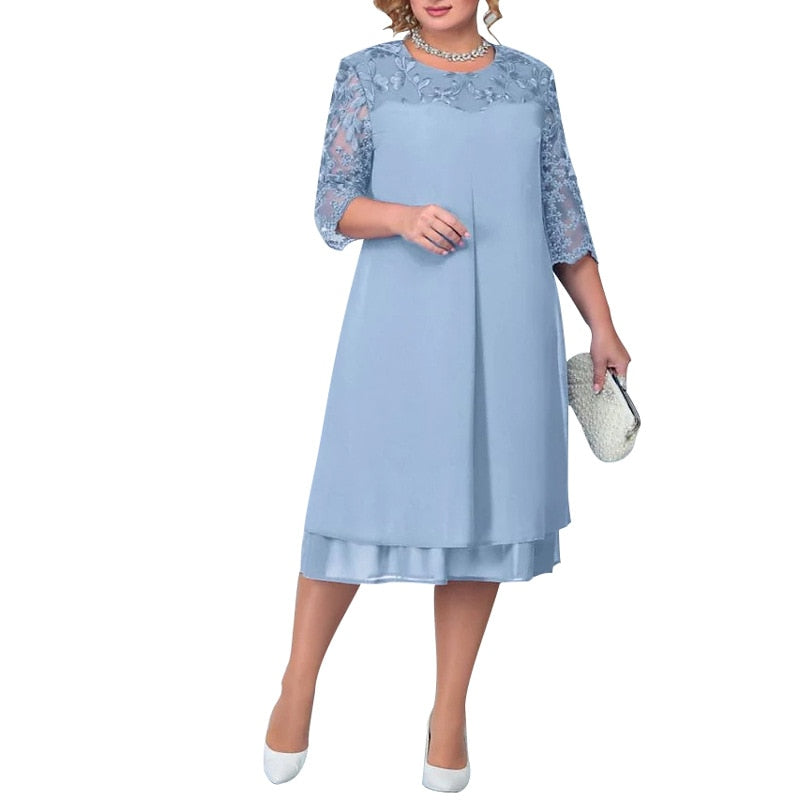 Spring Summer Patchwork Elegant Fashion Plus Size Dress Women Three Quarter