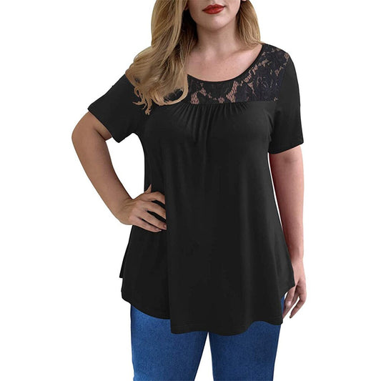 Plus Size Crinkle Chest Short Sleeve T Shirt Lace Patchwork Round Neck Loose