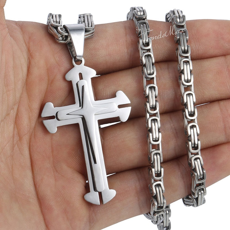 Men's Cross Necklace Gold Color Black Cross Pendant Stainless Steel Byzantine