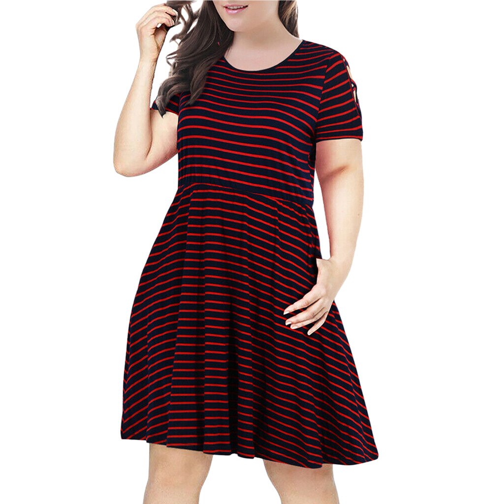 Fashion Women Plus Size O-neck Short Sleeve Stripe Cold Shoulder Mini Dress