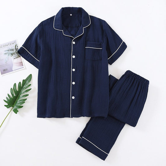 Men's Solid Pajama Suit 100% Cotton Crepe Casual Pijama Set Short Sleeves