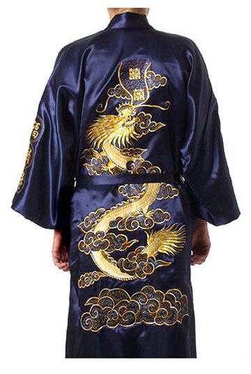 Hot Sale Blue Chinese Men's Silk Satin Bathrobe Embroider Kimono Gown Vintage