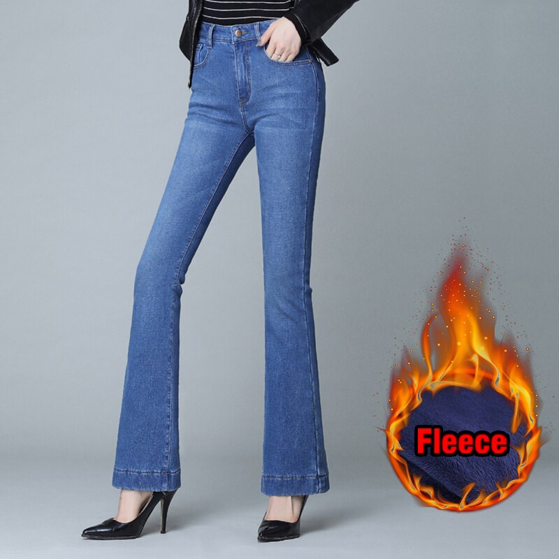 Winter Fleece Flared Pants Jeans Women New Fashion High Waist Stretch Slim