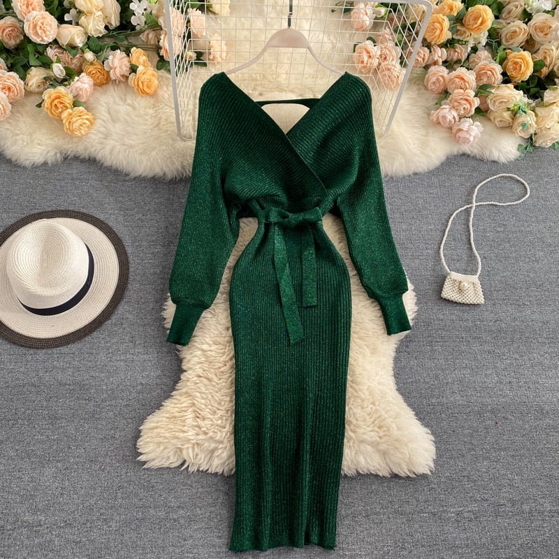 SINGRAIN Women Shiny Knitted Dress Gorgeous v Neck Puff Sleeve Elastic Sheath Knitting Dress Autumn Solid Bow Sashes Pencil Dress