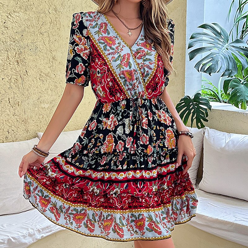 2022 New Summer Elegant Boho Dress for Ladies Women Floral Print Ethnic Short Sleeve v Neck Mini Dresses Beach Wear Outfits Robe