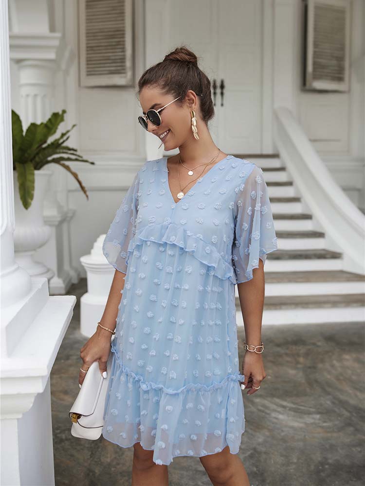 Summer Chiffon Mini Dress Women Fashion v Neck Short Sleeve Plus Size Elegant Casual Ruffles Dress Ladies Party Dresses Vestido