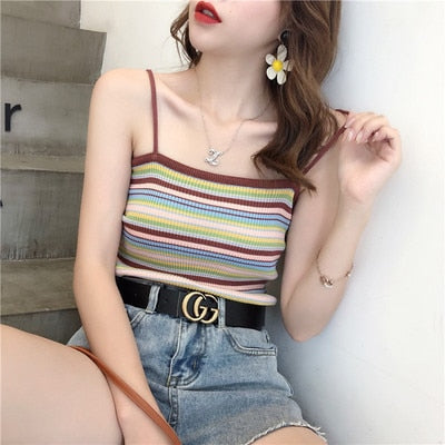 Women Short Tops Summer Rainbow Striped Knitted Basic Shirt Vest Ins Street Sleeveless Suspender Outwear Vintage Travel Tank