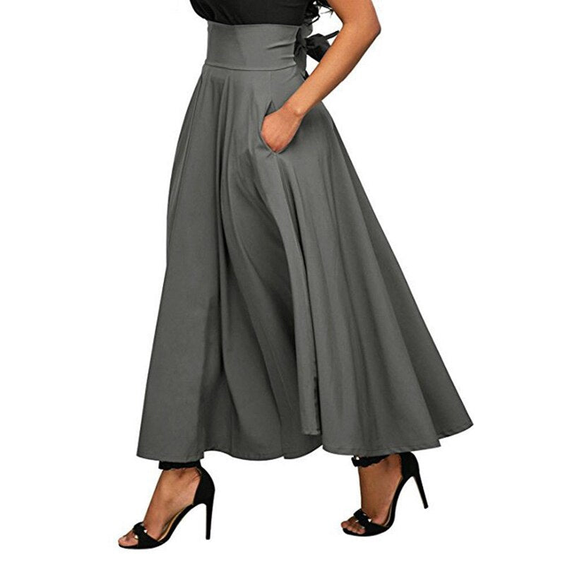 2018 Summer Fashion Skirt With Pocket High Quality Solid Ankle-Length Vintage Skirt for Women Black Long Skirt