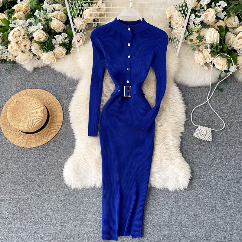 SINGRAIN Women Knitted Pencil Dress Autumn Winter Stand Collar Button Long Sleeve Slim Dress Streetwear Bodycon Sweater Dresses