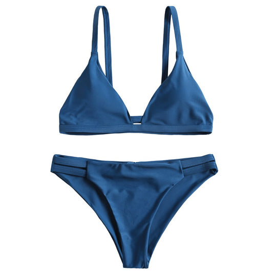 ZAFUL Cami Ladder Cut Ruched Spaghetti Strap Padded Two-Piece Bathing Suit Solid Blue Swimming Suit for Women Swimwear Female