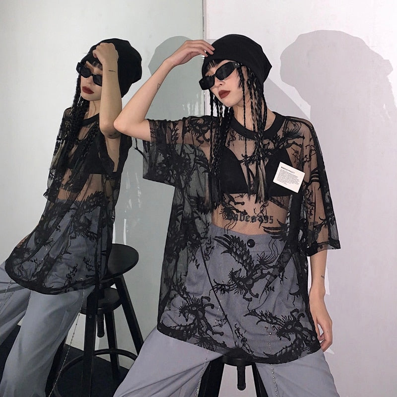 Morebylady Gothic Summer Gorgeous Mesh T Shirts Women Lace See Through Oversize Mesh Tops Semitransparent Gothic Tees Streetwear 90s